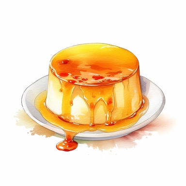 Watercolor japanese custard flan purin inside cup clipart, hd, on white background, spaced