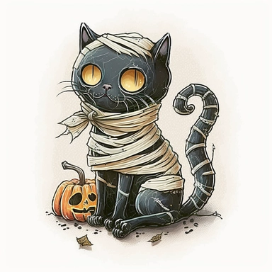 cute mummy black cat halloween, Watercolor style, Clipart,highly detailed on white background