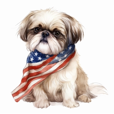realistic watercolor of a Shih Tzu wering a american flag scarf, vector free clipart illustration, in the style of unreal engine 5, 32k uhd, detailed features, white background
