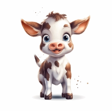 baby cow cute sublimation clipart isolated, gentle expressins, meticulously detailed, iconic, playful expressions, charming characters, white background, full body and full view