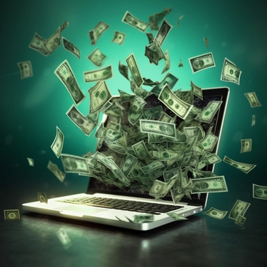 create a real image of a laptop with bills and papers coming out of the screen. the backgrouns should have technology clipart and money falling down. include colors like blue and green and represent technology