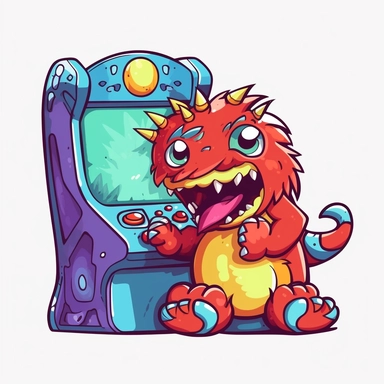 cute and funny little monster playing arcade videogame, transparent clipart graphic