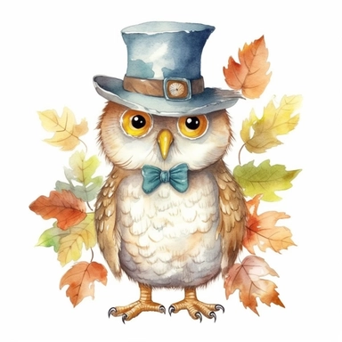 a Cute Happy Owl in the style of Watercolor Kate Greenaway Clipart, White Background
