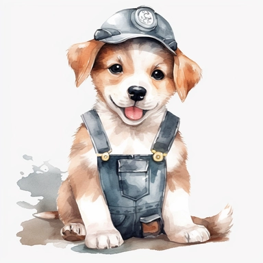 Clipart of baby animal full body. big smile happy baby dog sitting wearing a mechanic costume wearing a hat