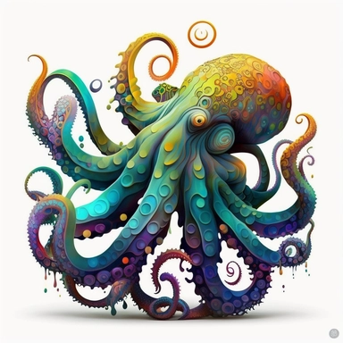 psychedelic octopus, bright colours, water colours, clipart, retro-futuristic, colorful, bright, highly-detailed, hyper-realisitic, no ground shadow ,no runs ,no drips, CLEAR WHITE BACKGROUND