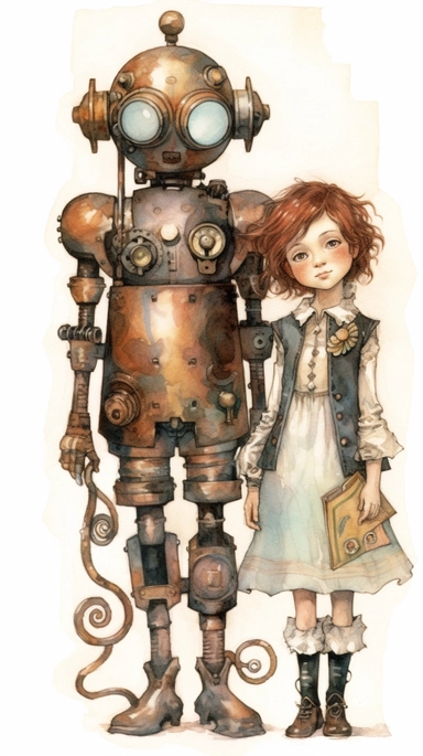 watercolor steampunk boy and steampunk girl entire body with a steampunk robot by their side and holding a cute steampunk doll in her arms, illustration clipart by holly hobbie and mary engelbreit