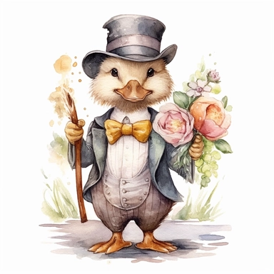 classic Beatrix potter Watercolor svg clipart of a cute adorable jemima puddle duck illustration by Beatrix potter , pastel groom wedding suit , cottage core, png isolated on white background