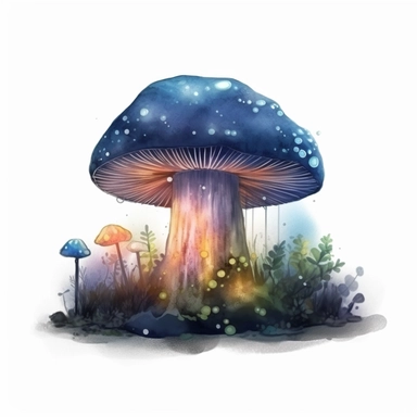fantasy shitake glowing in a dark forest, colorful fog, floating sparkles, bush, in style of watercolor clipart, white background, high detail, 4k