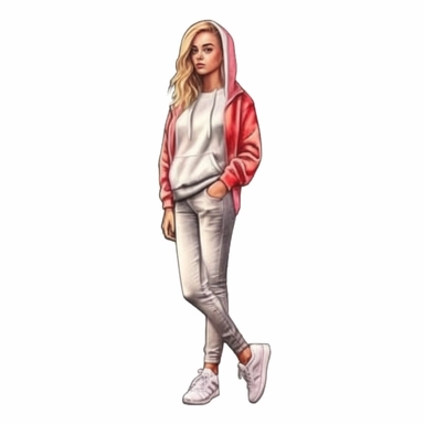 watercolor style, beautiful blonde woman wearing tracksuit, hoodie and sneakers, realistic, clipart, isolated on white background, 4K