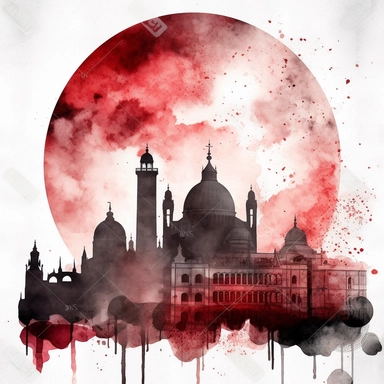 clipart style, watercolor scene of An immersive image capturing the Lunar Eclipse in its partial phase, with the moon adorned by a subtle shadow. Silhouettes of iconic structures, such as ancient temples or towering skyscrapers, enhance the celestial drama, showcasing the merging of human-made wonders with the cosmic event, HD, on white background
