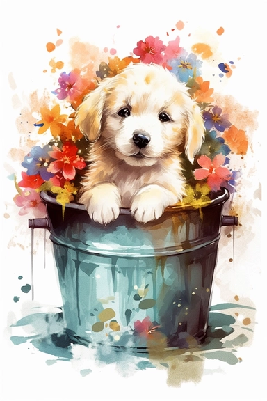 puppy in a bucket surrounded by flowers, in the style of 2d game art, nostalgic painting, 32k uhd, colorful dreamy watercolor scene, adventure pulp, classical, historical genre scene, rough-edged 2d animation, watercolor clipart, white background