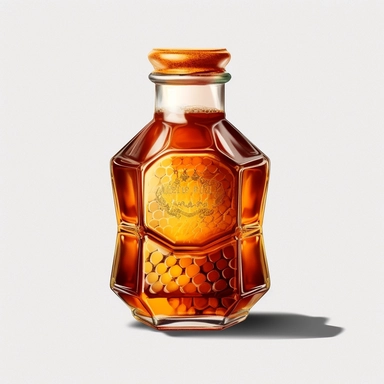 A honey bottle with a label featuring a honeycomb pattern, highlighting the origin and authenticity of the golden honey inside. (Digital drawing clipart, image black border color, full body, flat texture, transparent background)
