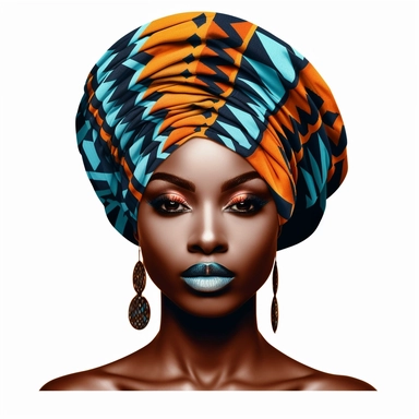 Clipart style, close in the face of a black woman. Her eyes are closed. She is faces forward, Soft glam makeup bioluminescent African pattern head wrap on a white background