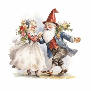 scen with Garden gnome wedding, one female gnome and one male gnome, friends and family Cheering, happiness and joy, wedding dress, white background, style of Pierre-Joseph Redoute, as clipart, single design, sharp lines, dreamy.