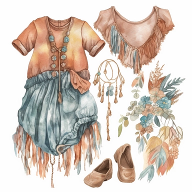 *Design a watercolor clipart featuring bohemian-style baby cloth such as flowy dress, romper, and fringed vest. Use earthy tones and delicate lines to capture the free-spirited vibe, white background