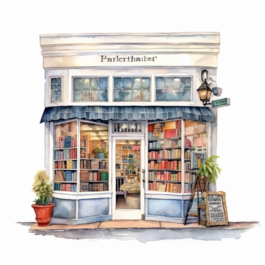 watercolor, hyper realistic, white background, white margins, 16k, ultra detailed clipart, cut out image, hand-drawn vintage bookstore with a colorful storefront featuring a hand-painted sign and window display of antique books and collectibles