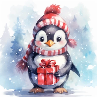 A lovable penguin wearing a Santa hat and a big smile, holding a christmas gift, standing on an icy surface, surrounded by snowflakes and a snowy backdrop, ornamental watercolor clipart