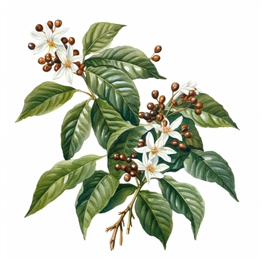 A detailed drawing of a coffee plant, complete with blossoms and ripe beans clipart, white background, watercolor drawing