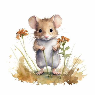 Mouse holding Flower Clipart, watercolor, realistic, standing between grass, white background