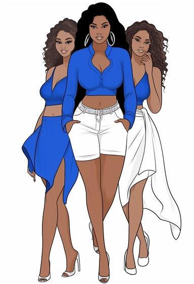 vector illustration of full body detailed melanin beautiful sorority girls wearing royal blue and white with white background.. no watermark! vector clipart, character drawn with thick black lines like for a coloring book! with no watermarks