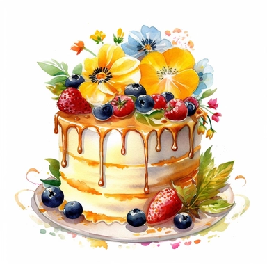 clipart, isolated on white background, Watercolor cake with flowers and berries, yellow palette, ornated, vivid and vibrant and saturated colors