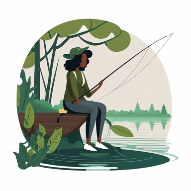 diverse woman sitting fishing on riverbank pulling up a shield out of the water at the end of the fishing line, In the style of Microsoft Office business 2d vector graphics clipart white cutout