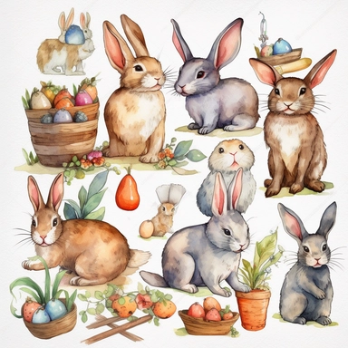 Easter Clipart, Easter Bunny, Bunny Clip Art, Kids Clipart, Farm Animal, Watercolor Sublimation design, white background for removing background no text font watermark shadow