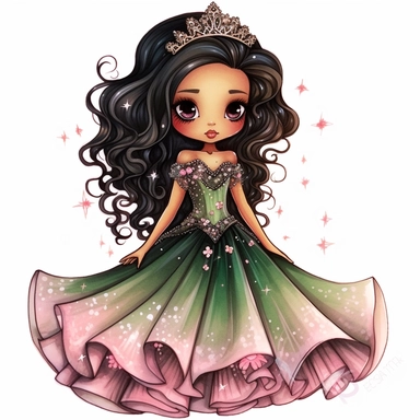 A cute detailed black girl in chibi style, Jasmine Becket - Griffith style, watercolour illustration clipart with real glitter detail, wearing a beautiful pink full length ballgown style dress, the girl has long black hair, the girl has green eyes, full body image, with feet isolated on a white background,