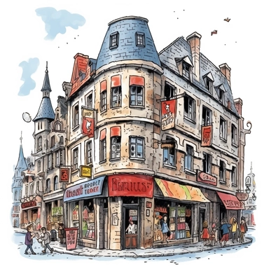 a Belgium Comic Strip Center in the style of watercolour clipart with detailed brush strokes