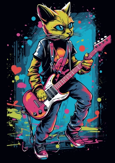 Stylized vector graphic illustration of a Tshirt features Design, clipart concept, An anthropomorphic humanoid, A Rainbow Pantone Kittens Male character with the ability to control and morph from energy IN Swoon graffiti artwork and graffiti design, Playing the GUITAR, Wearing clothes Hiphop STYLE, Contour Drawing with Fine Line Artwork, Macro Detailed, Focused on the character, Clear visuals, Highest Resolution 3D Adobe Illustrator file Eps format, Style of photo-realistic techniques, 3D render