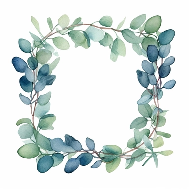 square frame of watercolor eucalyptus branch clipart, in the style of border art, green with blue accents, white background