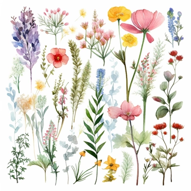 Meadow Wild Flower Watercolor Clipart, Botanical Wild Flowers Clipart, individual elements