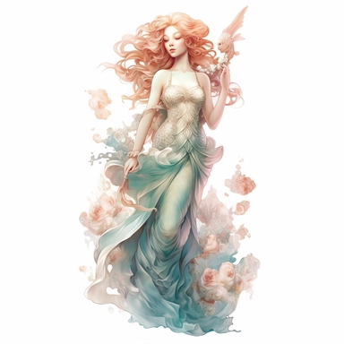 rose gold full body mermaid girl isoleted on white background, in the style of anna dittmann, rose and aquamarine, zhang jingna, detailed painting, detailed character illustrations, fluid, watery, organic shapes, transparent/translucent medium, isoleted on white background, total body, mermaid body, seashells, clipart