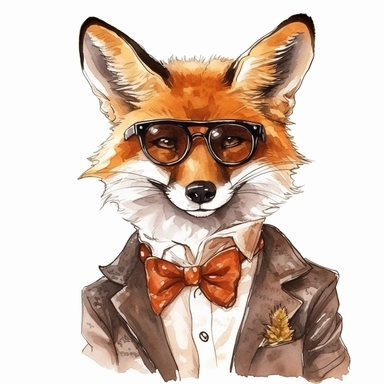 Fox should be painted with various shades of orange, white, and black. the fox wearing a fancy outfit and wearing sunglass, watercolor clipart, isolated white background