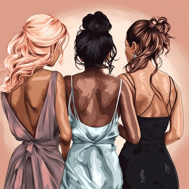 clipart of three adult best friends, friends forever, different ethnicities, party girls, back facing, glam fashion, closeup
