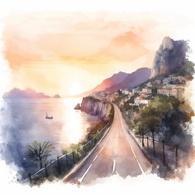 coastal highway of Capri Island while sunset, watercolor clipart, in the style of charming illustrations, meticulous design, painted illustrations, ferrania p30, multilayered realism, sharp details, rich details, free brushwork, using a palette of pastel shades, isolated white background