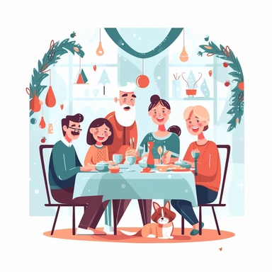 happy family near the Christmas tree parents grandparents and child has a Christmas dinner at home serene feeling flat illustration clipart white background