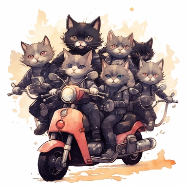 Create a clipart of a group of cute cats riding motorcycles together, perhaps forming a motorcycle gang. Low detail. White background, soft lighting. In the style of Bob Ross
