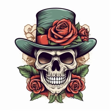 Sugar skull wearing a mexican hat with roses tattoo style , Clipart, Cartoon, vector, illustration style, mascot, isolated on white background