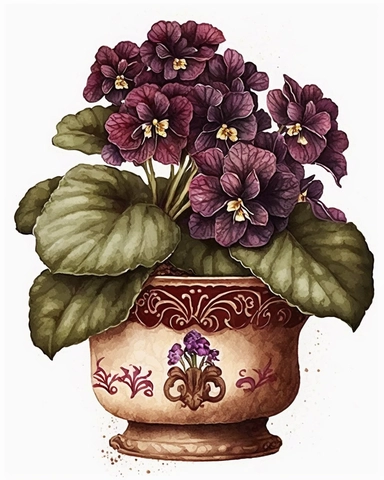 african violet burgundy flower in cute pot with ornament, watercolor style, hand painted, white background, tempera clipart