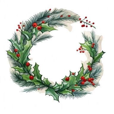 Christmas clipart in a circle, snowy cartoon holly and berries, snowy wreath, with Christmas clipart inside the wreath