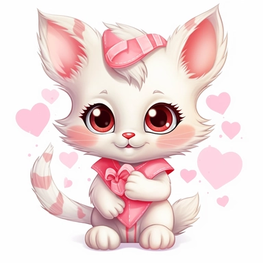 kawaii a very cute cuddly eyes happy kitten wearing a pink coat giving out heart's clipart Easter spring bunny scrapbooking Crafton digital paper white background