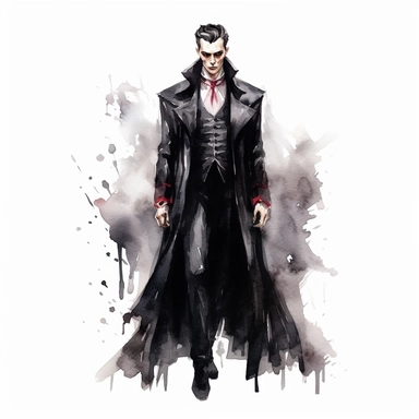watercolor, mystic, gothic, dark guy dracula with fangs, very detailed, clipart, white background, black, full body