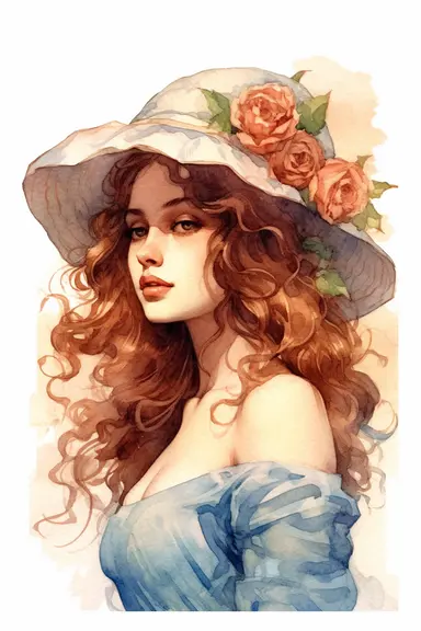 watercolor clipart Highly detailed portrait, 2/3 profile, linen canvas, hat with roses, pencil line drawing with coloured ink wash, happy mediterranean girl, character study, detailed character design, perfectly centered, renaissance, medieval, lush curls, sharp focus, high definition, soft diffuse lighting, chiraroscuro, 16k, Charlie Bowater, John William Waterhouse, Krzysztof Lukasiewicz