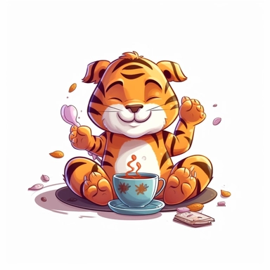 yoga happy tiger , cartoon Clipart style, white background, tea time, 8k
