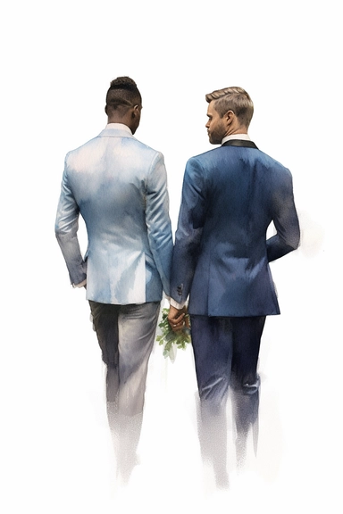 a dark-skinned groom and dark-skinned best man from the back view, in the style of realistic portrait drawings, subtle color variations, algeapunk, transparent/translucent medium, light navy black and white colors, watercolor storybook illustration, rustic style, hd clipart, on white background, spaced out