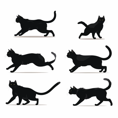collection black cat in profile, running, clipart, white background