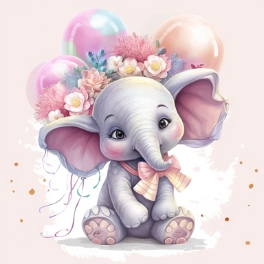 a detailed very colorful vector Clipart image sticker of a beautiful majestic magical floral smilling baby elephant and pastel pink balloons colors holding balloons with a white background, pastel light colors, fall colours, gold ropes, photorealistic, cinematic, Cinematic, Color Grading, Editorial Photography, Photography, Photoshoot, Shot on 70mm, Ultra-Wide Angle, Depth of Field, DOF, Tilt Blur, Shutter Speed 1/1000, F/22, Gamma, White Balance, Neon, Light, Dark, Light Mode, Dark Mode, High C