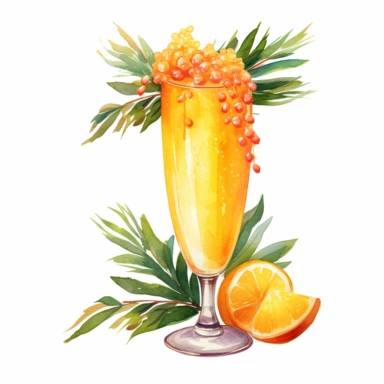 a Mimosa cocktail, strong colors, border, 8K, dark watercolor, ultra details, isolated white background, clipart, hand drawn, hand drawn art, in the style of ultra-detailed oil painting pontilism hand drawn collections, pontillism brush, scumbling, HD oil painting collections,