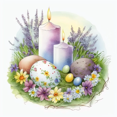 A beautifull Easter candles and eggs lying on the grass,daisies and lavenders,a sunny day, a lively and coloured landscape, watercolour effect, Suitable for Digital Clipart , White Background, fantastic scene , Kids storybook style, detailed , ultra realistic , in a flowering circle frame
